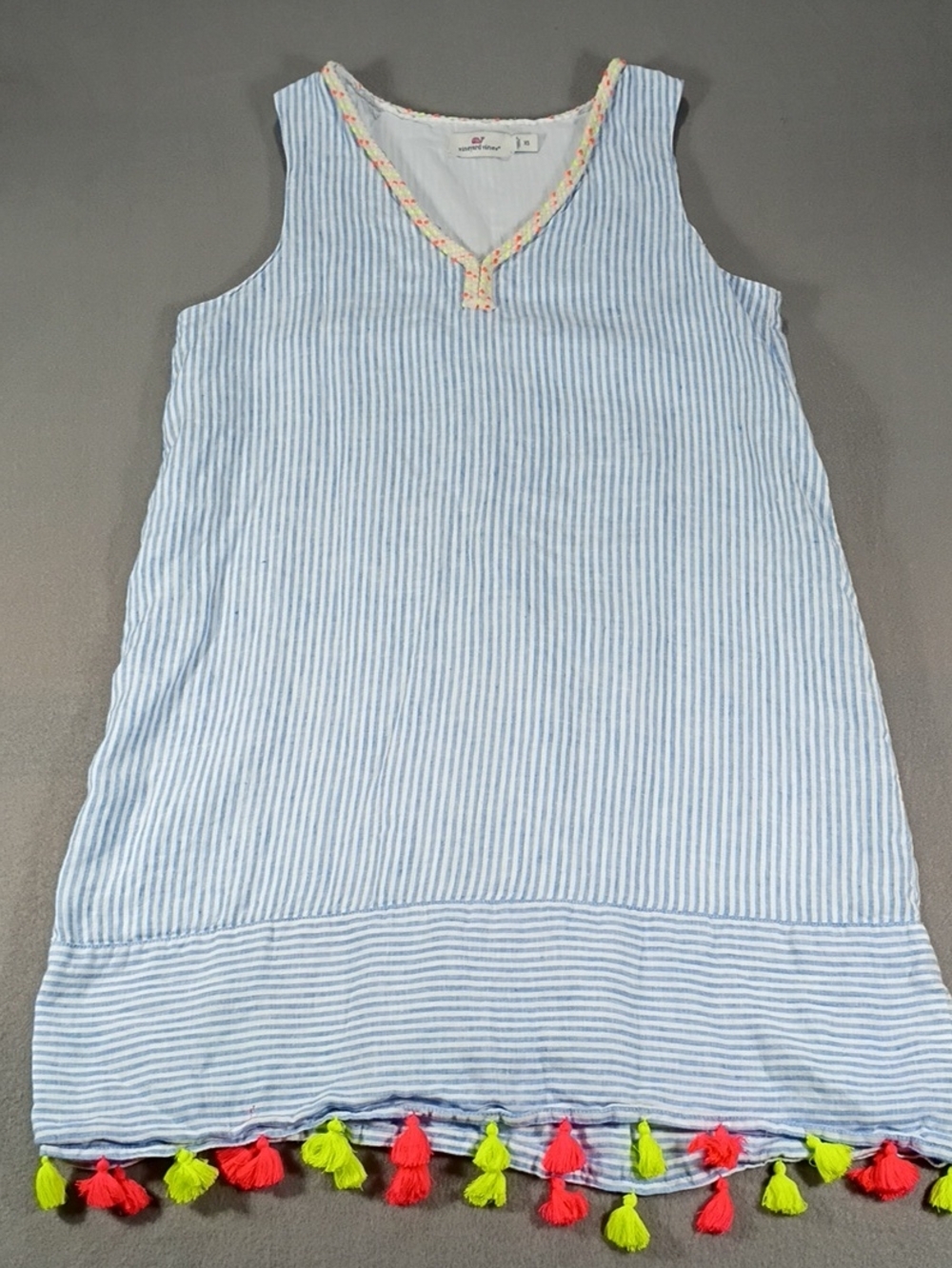 EUC Vineyard Vines Blue And White Stripe Mix Tassel Linen Shift Dress Size XS